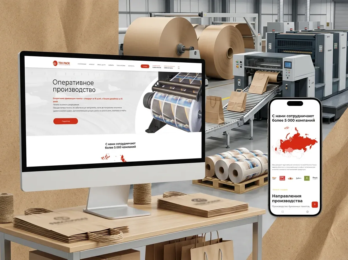 Скрин проекта: Текпак — имиджевый сайт крупнейшего производителя бумажных пакетов и упаковки